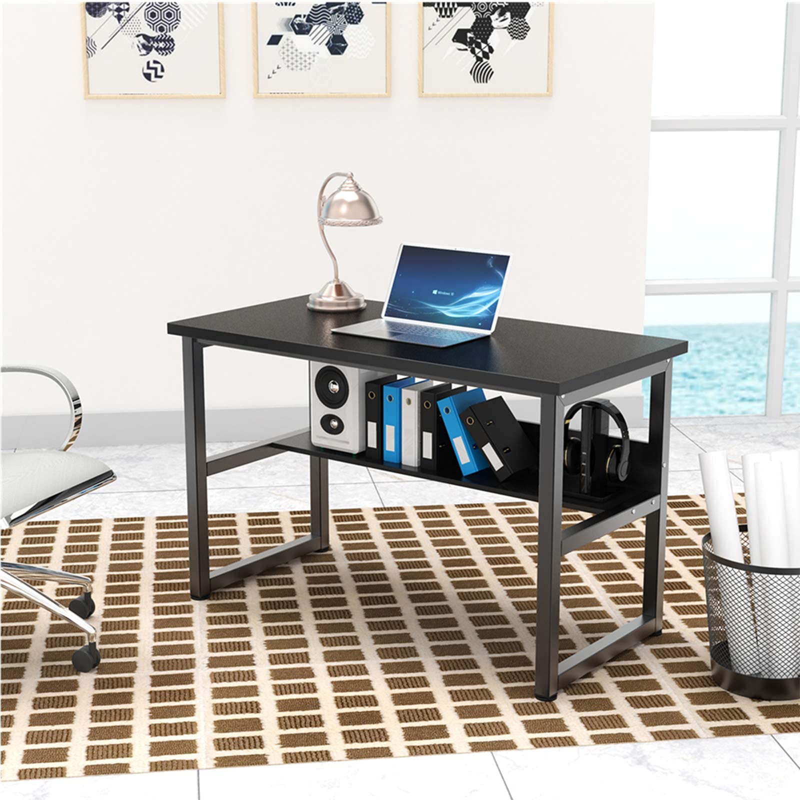 DEWEL ゲーミングデスク 120cm×60cm テレワーク用 収納ラック付き 耐荷重65kg 木製 シンプル メラミン加工 アジャスター付き